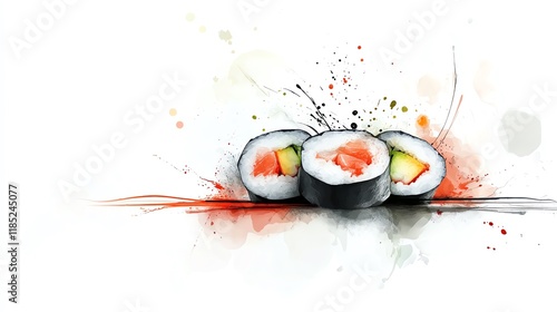 A vibrant watercolor illustration of sushi rolls, showcasing fresh ingredients and a splash of color.