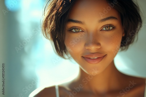 Free Download Short coiffure - straight hair. Pretty smiling mixed-race girl - for ads, marketing material and social platforms use. Commercial ad campaign pattern. African american woman. Short hair trend. - GFXLoad