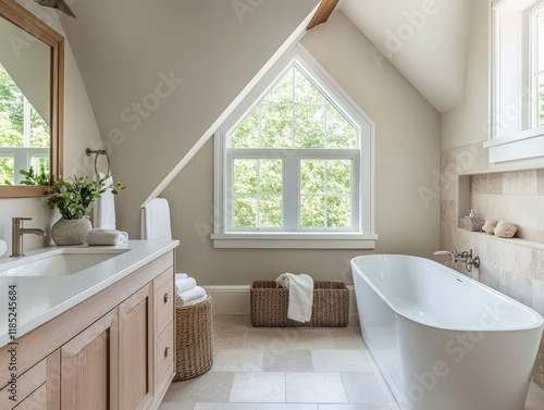 Elegant bathroom features a freestanding tub and large window