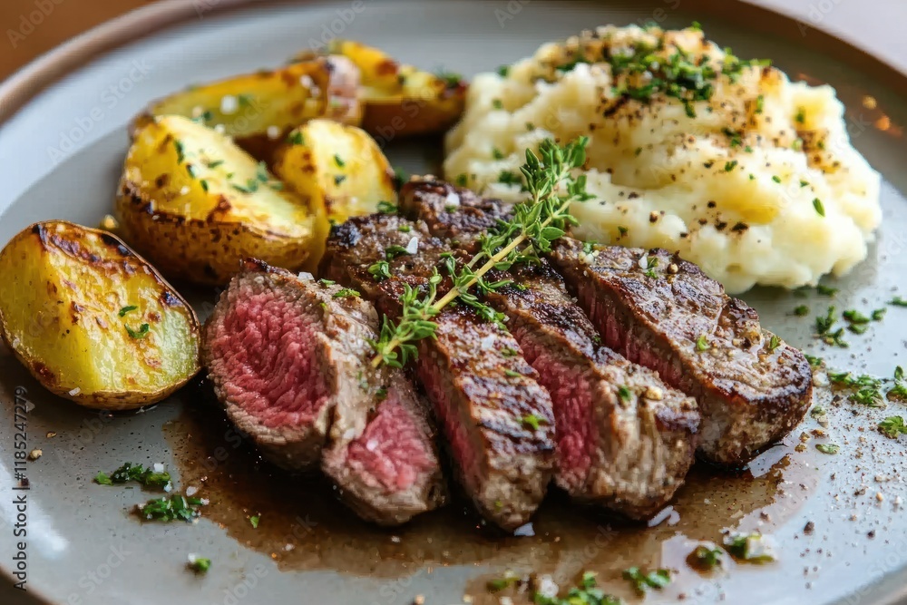 Steak Dinner with Mashed Potatoes and Roasted Vegetables Plated in Natural Light Steak Dinner with Mashed Potatoes and Roasted Vegetables Plated in Natural Light