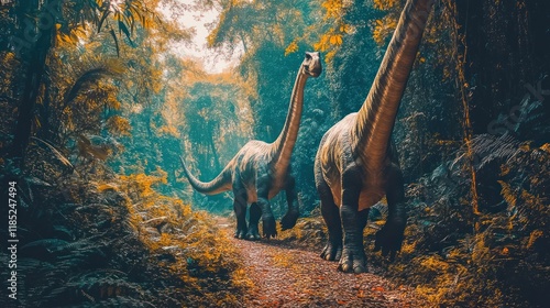 Two dinosaurs walk a jungle path. Lush, vibrant, ancient forest surrounds them. photo