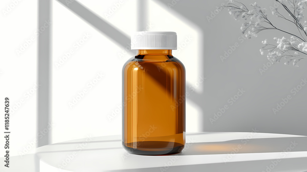 A clear amber glass bottle with a white lid, ideal for storing laboratory liquids or pharmaceuticals in a clean environment. Sunglow. Illustration A clear amber glass bottle with a white lid, ideal for storing laboratory liquids or pharmaceuticals in a clean environment. Sunglow. Illustration
