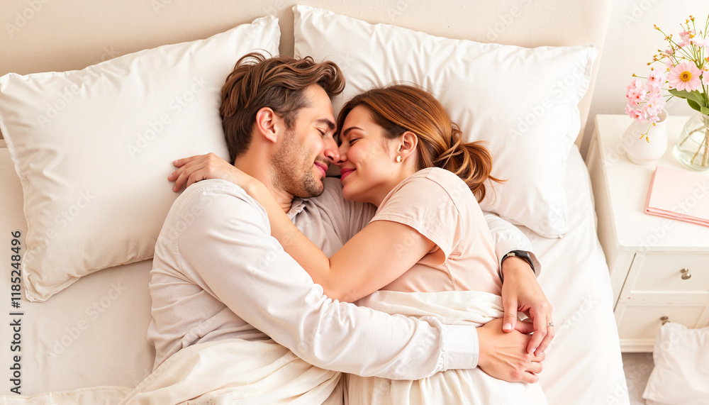 Couple smiling and sharing an intimate moment in a cozy bedroom Couple smiling and sharing an intimate moment in a cozy bedroom