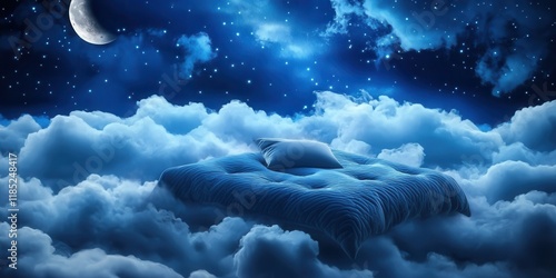 Comfortable bedding or healthy sleeping concept of flying cozy bed on background of amazing night sky photo