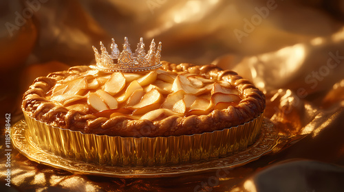 A golden-crusted apple pie topped with a silver crown, sits on a gold-toned surface. Sunglow. Illustration photo