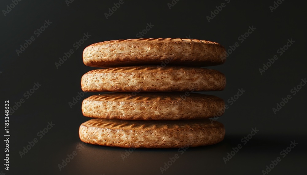 Four round, golden brown cookies stacked on top of each other against a black background. Four round, golden brown cookies stacked on top of each other against a black background.
