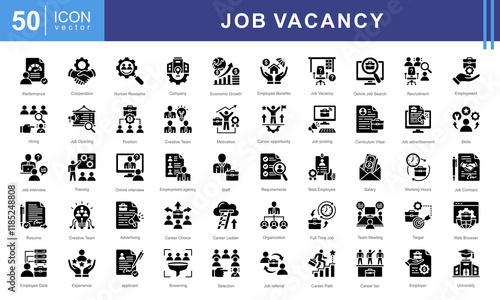 Job Vacancy icon collection set. Containing online job search, requirements, recruiting, employment, human resource management, employee skills, career ladder icon. Simple vector illustration.