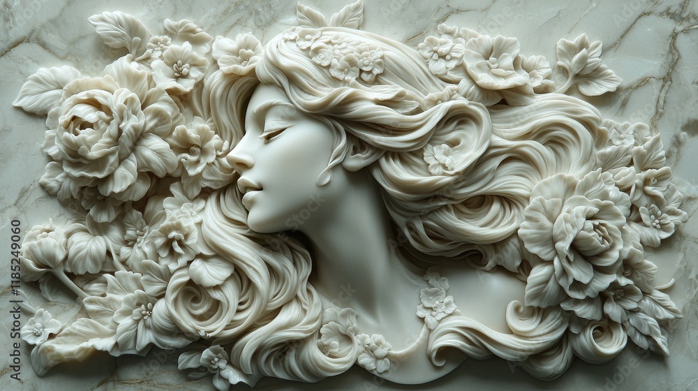 Serene Woman: Intricate Marble Sculpture with Roses and Flowers. A Masterpiece of Classic Art, Elegant, Romantic and Dreamlike. A Timeless Piece of Decor Serene Woman: Intricate Marble Sculpture with Roses and Flowers. A Masterpiece of Classic Art, Elegant, Romantic and Dreamlike. A Timeless Piece of Decor