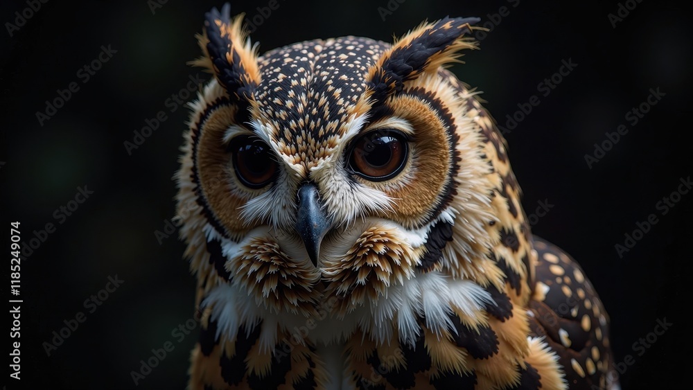 Obraz premium A piercing gaze: a close-up shot of an owl's face, with striking yellow and black feathers framing its dark, inquisitive brown eyes, set against a dramatic black background
