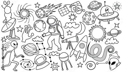 Hand drawn outer space element with doodle style on white background.