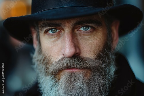 Portrait of Bearded Jewish Man in Traditional Hat on the Street during Jewish Holidays photo