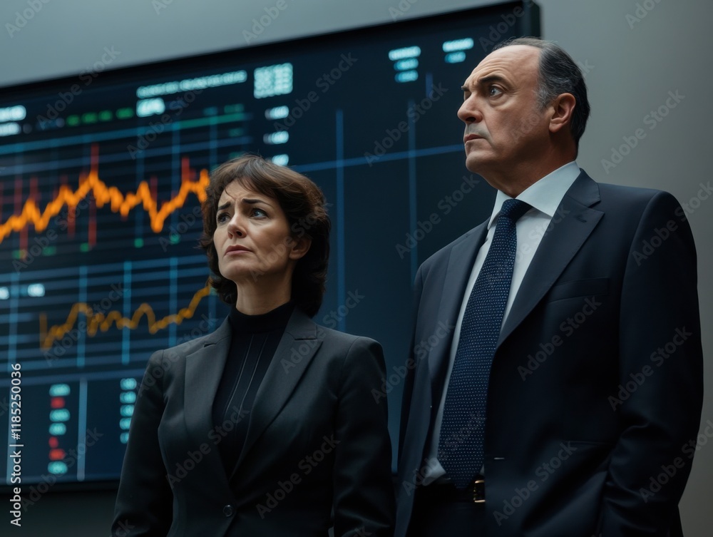 Fototapeta premium Strategic Partnership: A serious man and woman in business attire stand thoughtfully before a large screen displaying dynamic financial data.