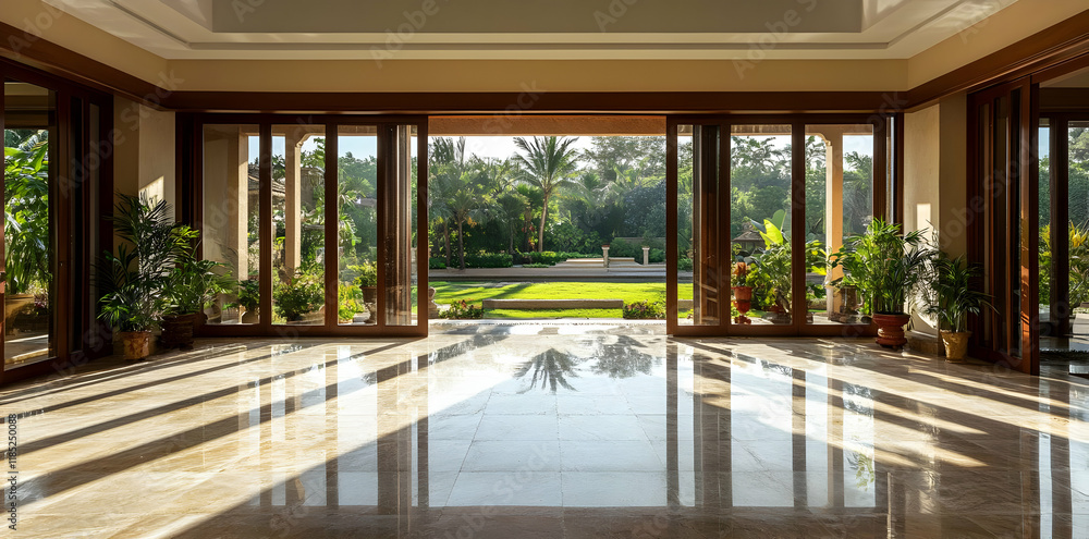 A spacious interior with large windows showcasing a lush garden view. A spacious interior with large windows showcasing a lush garden view.