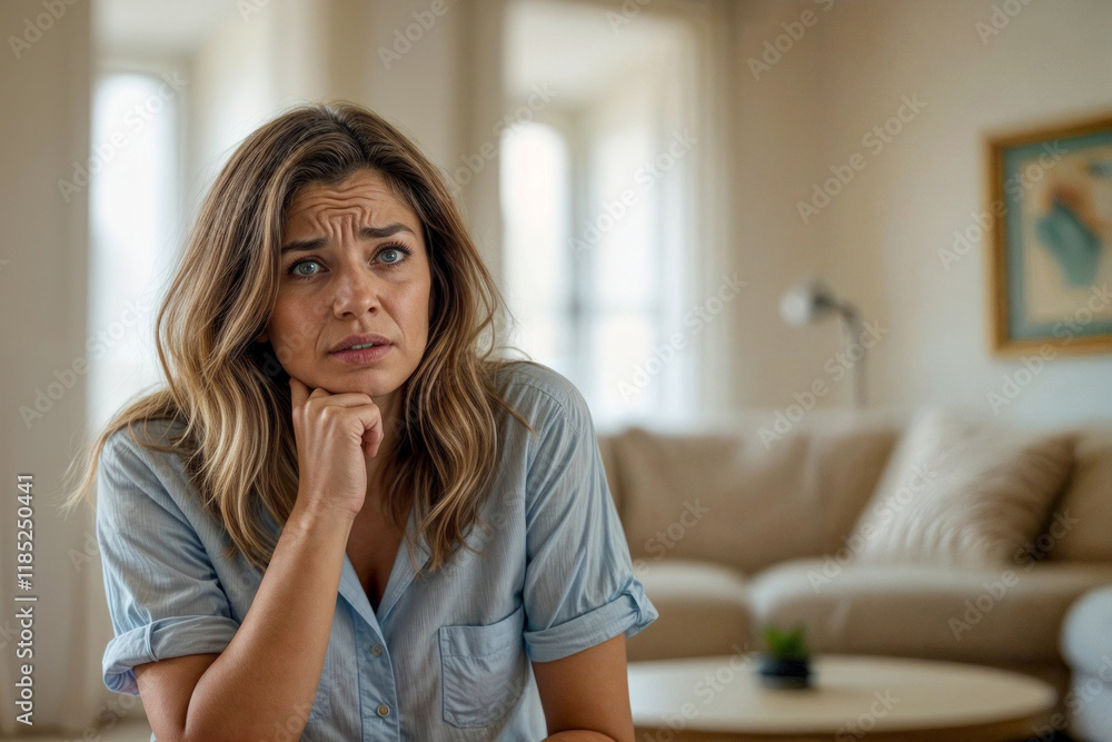 Depressed woman is sitting on the floor in a living room, looking at something. She is very unhappy Depressed woman is sitting on the floor in a living room, looking at something. She is very unhappy