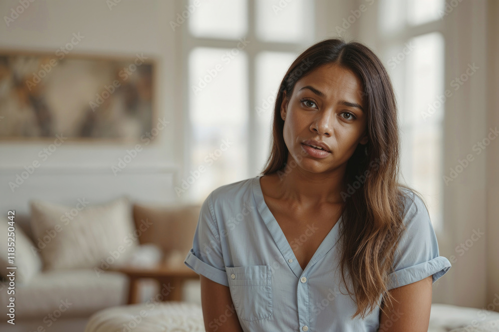 African American sad woman with long hair is sitting in a living room, she is wearing a blue shirt and has a serious expression on her face African American sad woman with long hair is sitting in a living room, she is wearing a blue shirt and has a serious expression on her face