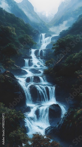 Majestic cascading waterfall in a serene mountainous landscape.