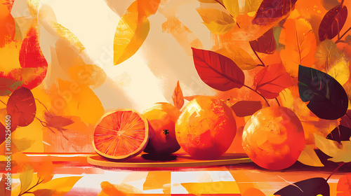 Create a harmonious colour palette, emphasizing the warm oranges, deep reds, and golden yellows of the season. ai generated. Sunglow. Illustration photo