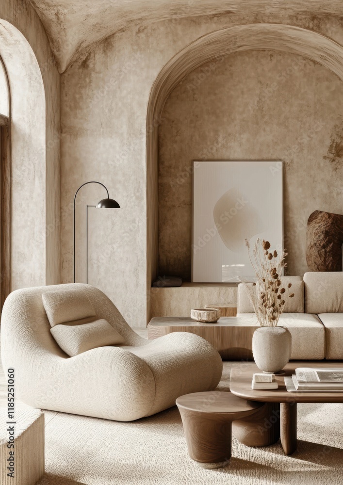 Fototapeta premium Cozy Modern Living Room with Curved Furniture and Minimalist Decor in Scandinavian Style