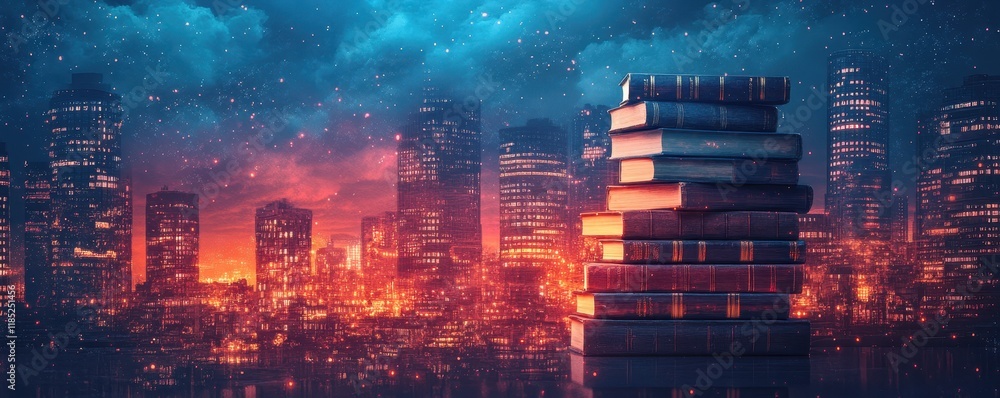 Fototapeta premium Dramatic Scene Stacks of Books Against a Stunning and Surreal City Skyline with Vibrant Colors and Dramatic Lighting at Twilight Hours