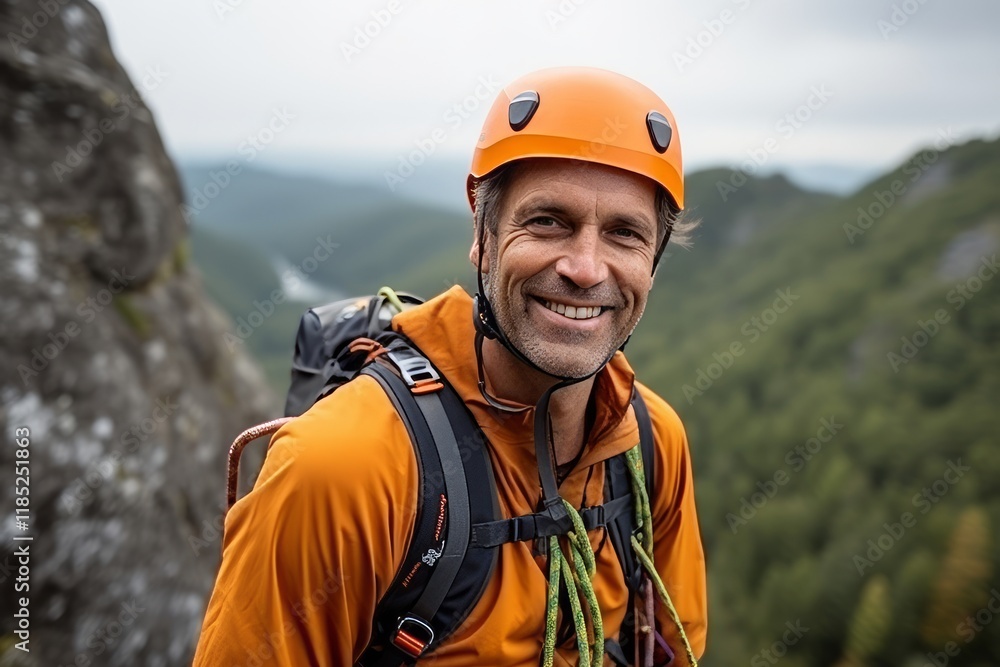 Portrait of a happy male climber smiling at camera in the mountains Portrait of a happy male climber smiling at camera in the mountains