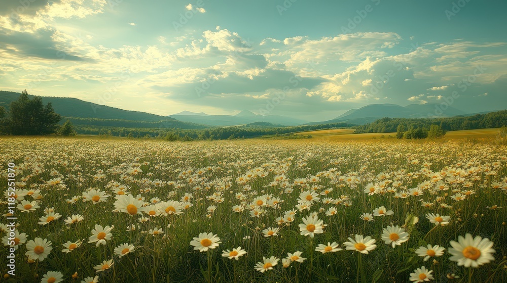 Serene Daisy Field Landscape: A picturesque view of a vast field of daisies under a sunny sky, mountains in the background. Tranquil nature scene. Serene Daisy Field Landscape: A picturesque view of a vast field of daisies under a sunny sky, mountains in the background. Tranquil nature scene.