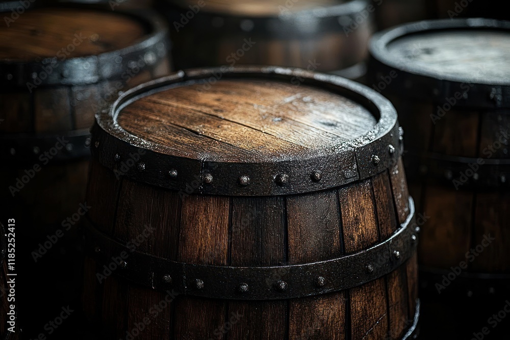 Rustic Wooden Barrels in Cellar for Wine Production and Aging Process in Winery and Distillery Rustic Wooden Barrels in Cellar for Wine Production and Aging Process in Winery and Distillery