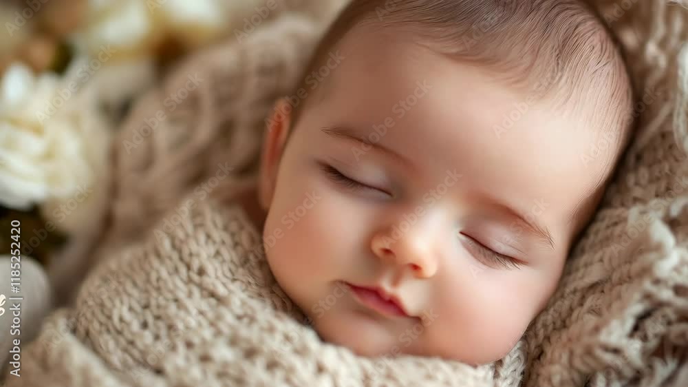 Adorable and peaceful sleeping infant wrapped in cozy blanket, surrounded by soft flowers, evokes serene moment of tranquility and warmth. Adorable and peaceful sleeping infant wrapped in cozy blanket, surrounded by soft flowers, evokes serene moment of tranquility and warmth.