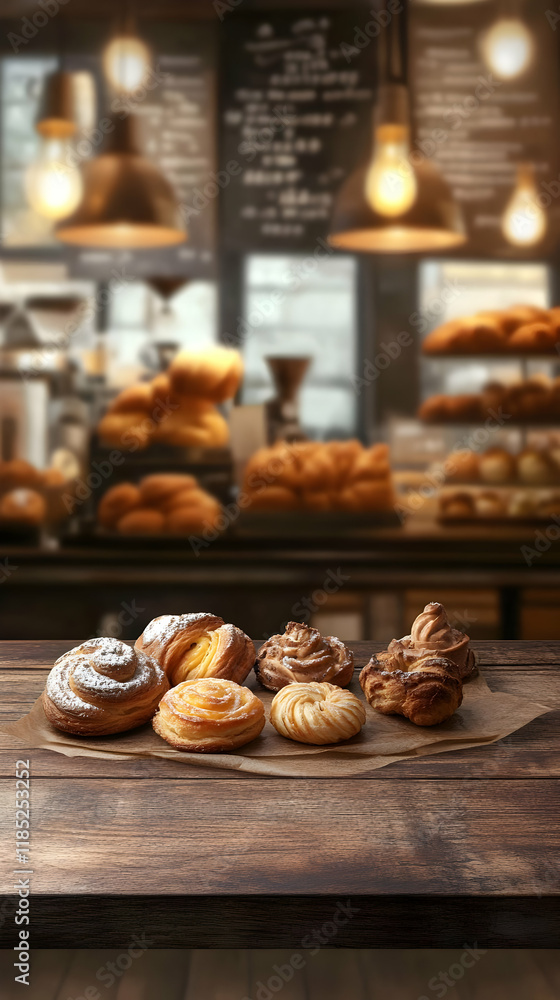 A display of various baked pastries on a wooden table in a cozy caf? setting. A display of various baked pastries on a wooden table in a cozy caf? setting.