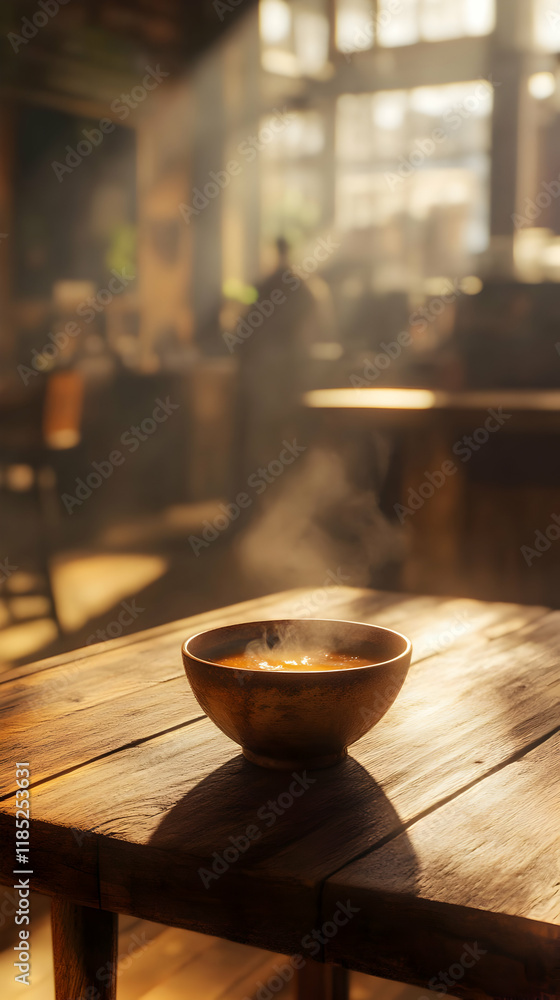 A steaming bowl sits on a wooden table, illuminated by warm, ambient light. A steaming bowl sits on a wooden table, illuminated by warm, ambient light.
