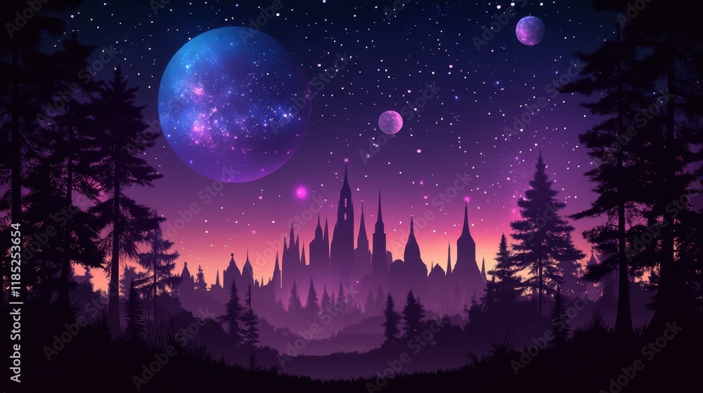 Naklejka premium A mesmerizing celestial landscape with a mystical castle silhouette beneath a vibrant starry sky, adorned by multiple planets and cosmic wonders