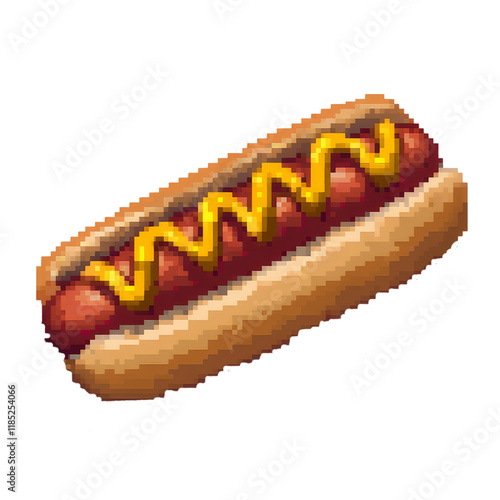 Pixel art hot dog in a bun with mustard drizzle, set against a plain white background for a minimalist style. photo