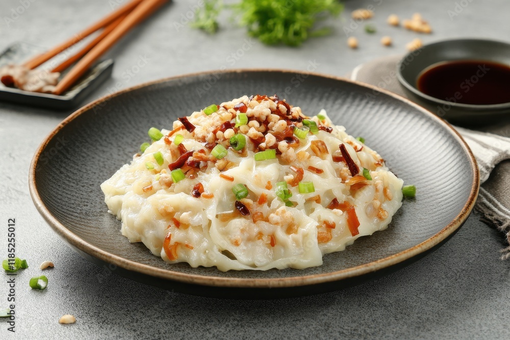 Delicious plate of creamy white noodles garnished with nuts, chopped vegetables, and spices on a decorative gray plate, perfect for food enthusiasts and culinary art lovers Delicious plate of creamy white noodles garnished with nuts, chopped vegetables, and spices on a decorative gray plate, perfect for food enthusiasts and culinary art lovers