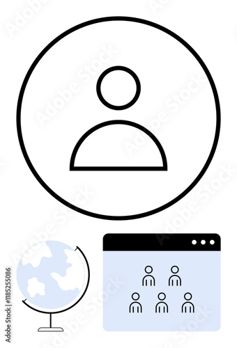 Profile icon in circle, globe symbolizing international reach, group avatars in window for teamwork. Ideal for networking, global communication, collaboration, connectivity, leadership, community