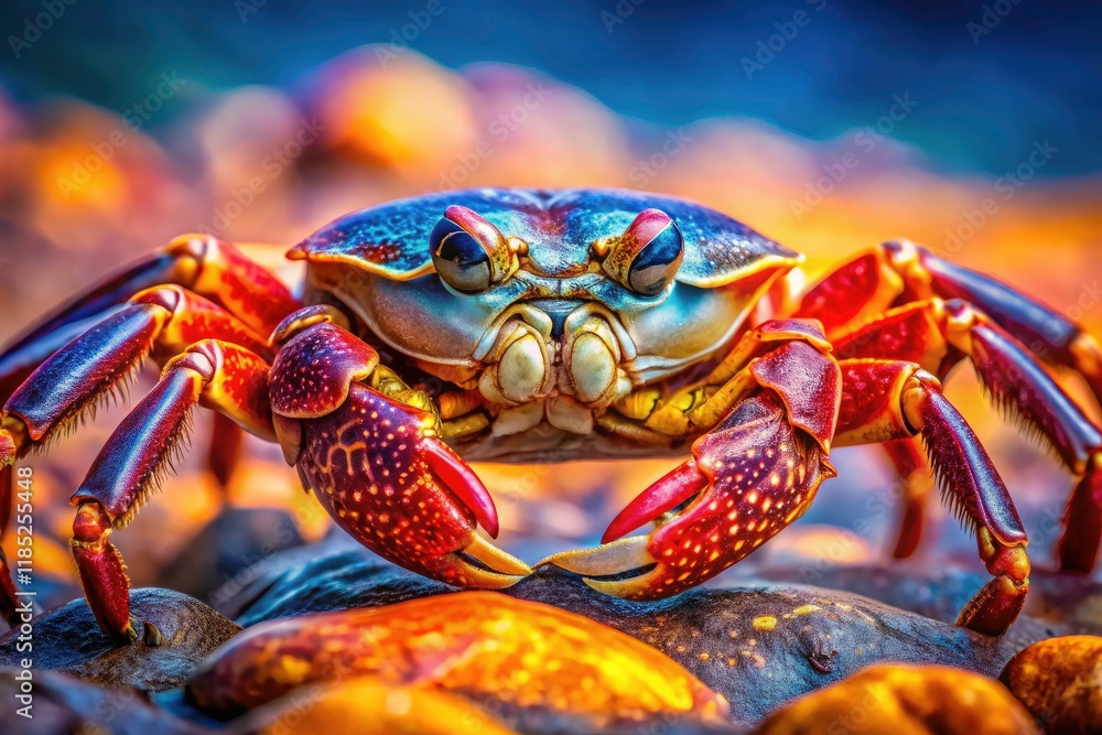 Ocean creature showcased: a panoramic close-up highlighting detailed crab shell texture. Ocean creature showcased: a panoramic close-up highlighting detailed crab shell texture.