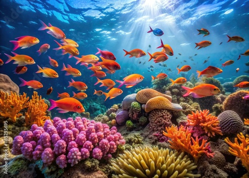 Panoramic underwater banner: stunning anthias fish amidst a vibrant coral reef.  Copy space available. photo