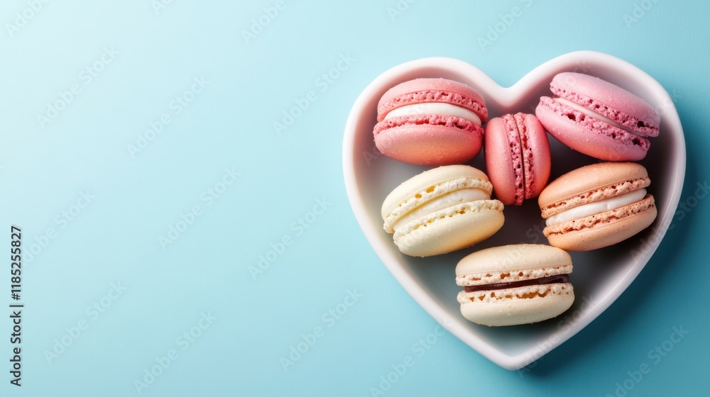 Fototapeta premium a heart shaped plate filled with macarons on a blue background