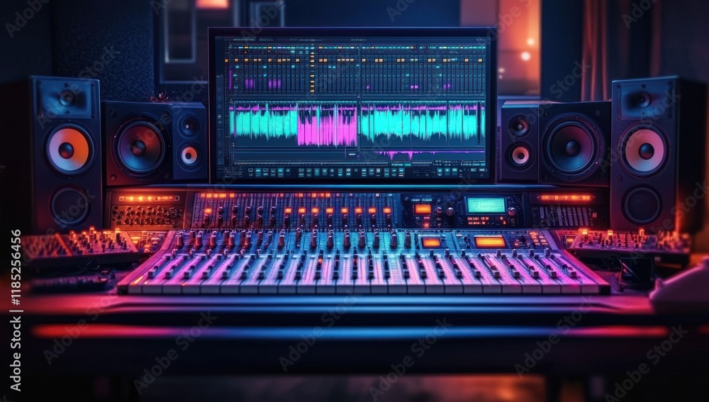 Advanced Music Production Studio with Mixing Console and Audio Equipment Advanced Music Production Studio with Mixing Console and Audio Equipment