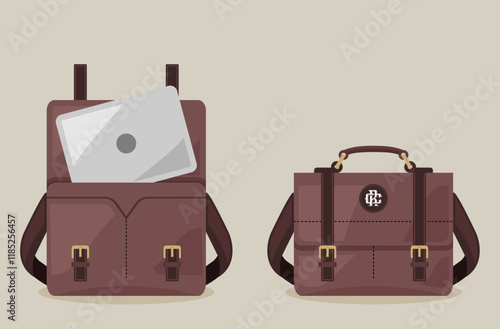 A brown messenger bag with a modern design, showcasing a laptop partially visible inside. Perfect for product labels, ads, banners, or catalogs, targeting professionals, students, and office workers.