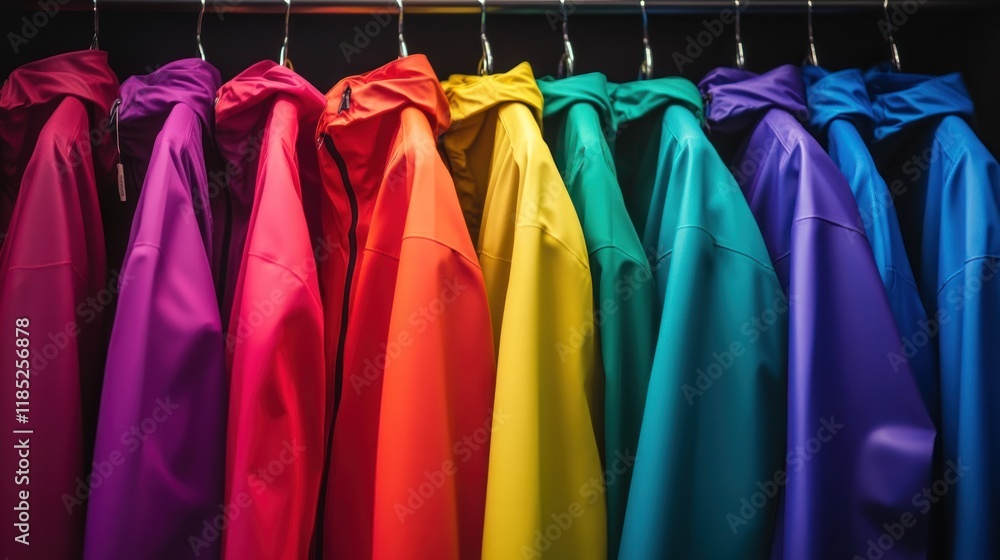 A colorful rubber raincoat, hanging on a rack, soft lighting A colorful rubber raincoat, hanging on a rack, soft lighting