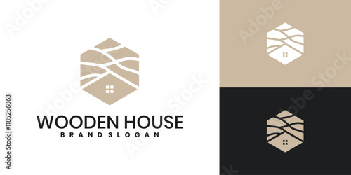 Wooden house logo design with unique hexagon shape concept