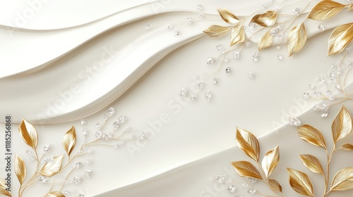 Gold leaves, crystals, waves, white backdrop, elegant design