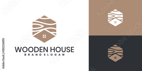 Wooden house logo design with unique hexagon shape concept