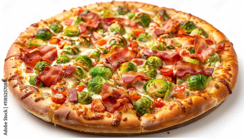 A whole pizza topped with bacon, brussels sprouts, and cherry tomatoes. A whole pizza topped with bacon, brussels sprouts, and cherry tomatoes.