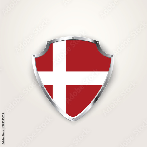 National pride of Denmark. Danish flag on a shield. Vector illustration.