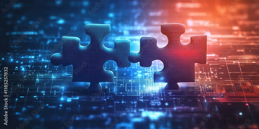 Obraz premium Digital representation of API integration concept with two interlocking puzzle pieces against a futuristic tech-inspired abstract background, symbolizing connectivity and interoperability