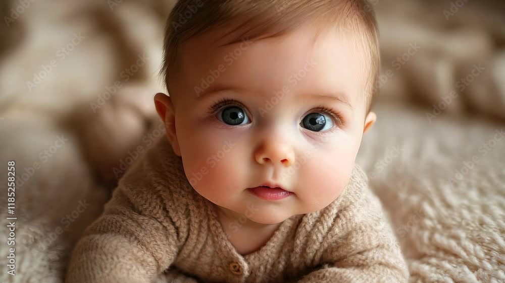 Curious and cute baby with big blue eyes in cozy outfit, lying on soft blanket, showcasing soft features in serene atmosphere, perfect portrait for infant exploration. Curious and cute baby with big blue eyes in cozy outfit, lying on soft blanket, showcasing soft features in serene atmosphere, perfect portrait for infant exploration.