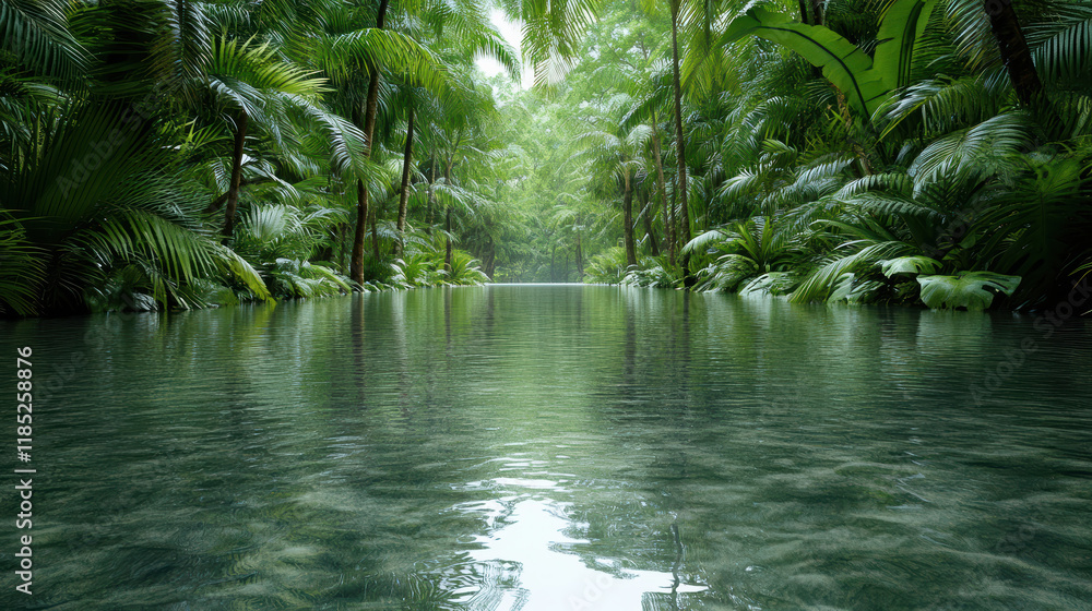 lush rainforest scene with tranquil water and vibrant greenery lush rainforest scene with tranquil water and vibrant greenery