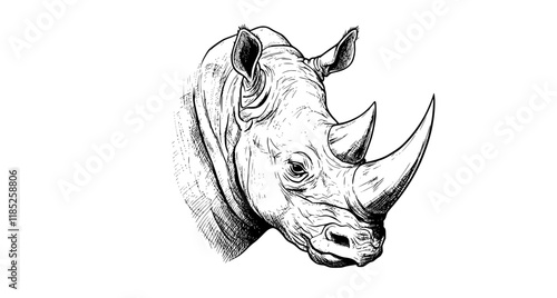 Rhinoceros. Graphic portrait of Northern white rhinoceros in sketch style on a white background. Digital vector graphics
