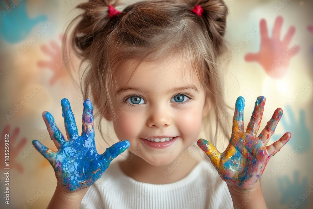 Young girl is holding her hands up in the air, with blue paint on them Young girl is holding her hands up in the air, with blue paint on them