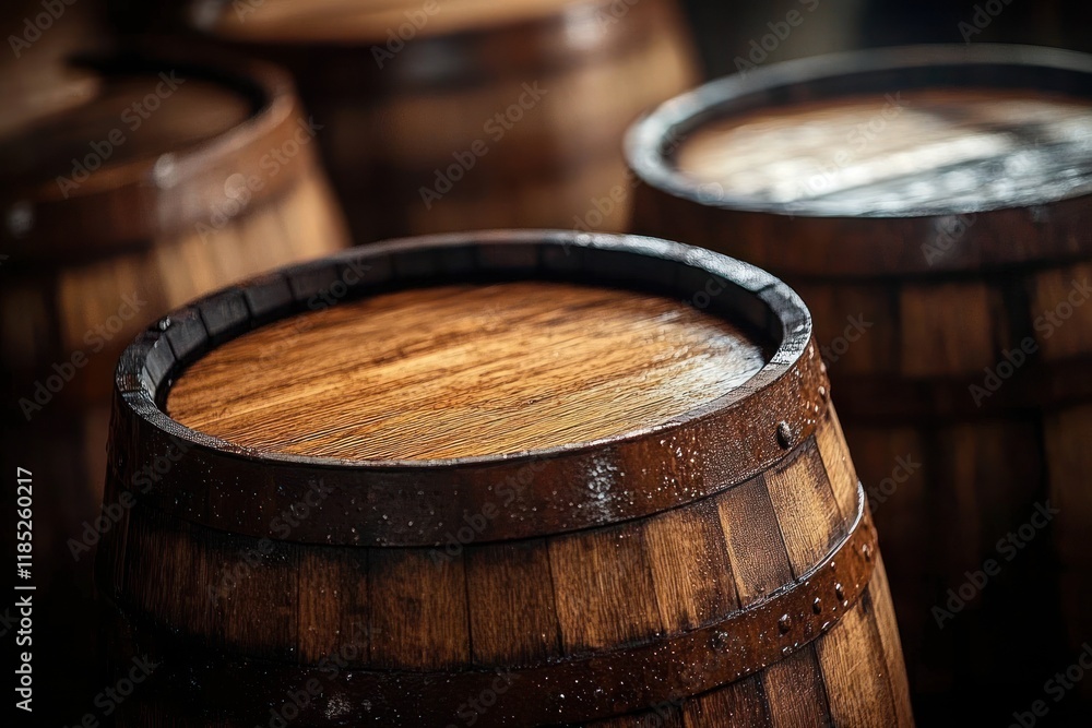Fototapeta premium Wooden Barrels in Distillery Cellar for Wine Beer Brandy Whiskey Production Aging Craft